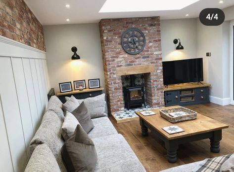 Brick Chimney Breast, Exposed Brick Fireplaces, Brick Fireplace Wall, Wood Burning Stoves Living Room, Log Burner Living Room, House Renovation Design, Fireplace Inspiration, Brick Living Room, Bungalow Ideas