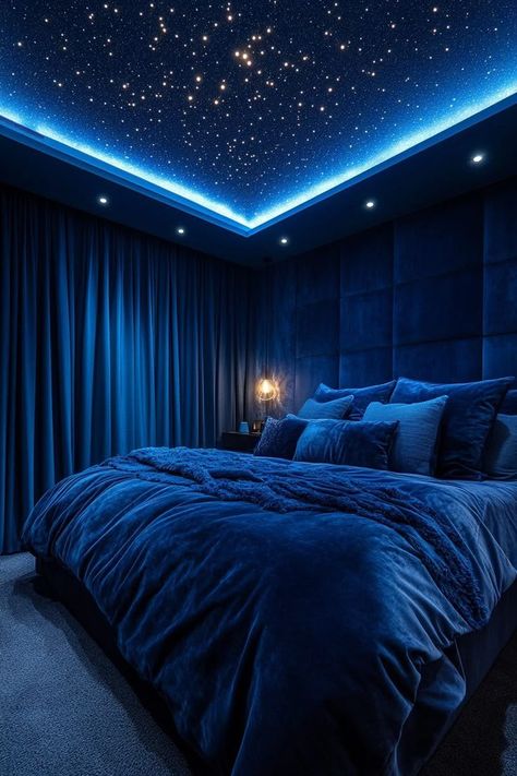 Midnight Aesthetic Room, Navy Accent Bedroom, Sky Blue Bedroom Ideas, Bedroom Themes For Women, Blue Fantasy Bedroom, Stormy Bedroom, Space Room Aesthetic, Cool Blue Aesthetic, Blue Ceiling Bedroom