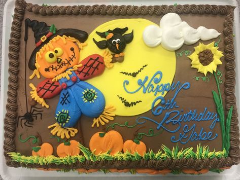 Scarecrow Cake Ideas, Cake Designs Sheet Cake, Fall Sheet Cakes Decorated, Halloween Sheet Cakes, Fall Sheet Cake, Crow Cake, Halloween Sheet Cake, Scarecrow Cake, Fall Cakes Decorating