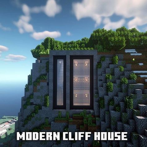 Medieval House Blueprints, Cliff House Design, Modern Cliff House, Minecraft Cliff House, House Design Minecraft, Minecraft Cliff, Interior Modern House, Minecraft Medieval House, Minecraft Mansion