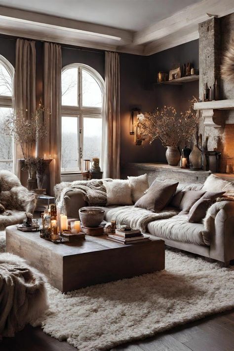 Moody And Cozy Living Room, Cosy Lounge Room Ideas, Moody Taupe Living Room, Rustic Moody Living Room, Rustic Moody Living Room Ideas, Moody Open Concept Living Room, Big Cozy Living Room, Moody Rustic Living Room, Dark Cosy Living Room