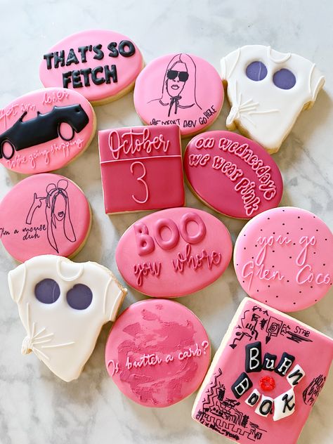 #pink #onwednesdayswewearpink #burnbook #meangirlsday #cookies #decoratedcookies #custom #customcookies Mean Girls Party, Cookie Quotes, Mean Girls Movie, 16 Birthday Cake, Mom Party, Birthday Dinner Party, Bday Party Theme, Girl Themes, Bday Girl