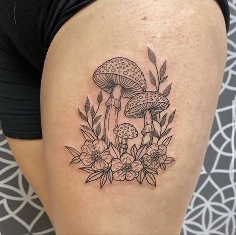 Flowers And Mushrooms Tattoo, Mushroom With Flowers, Mushrooms Tattoo, Sci Fi Tattoos, Cottagecore Tattoo, Flowers And Mushrooms, Mushroom Tattoo, Mushroom Tattoos, Forest Tattoos