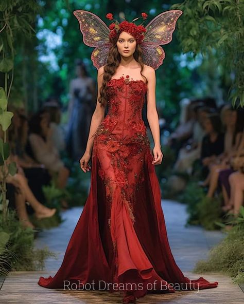 Flame Inspired Dress, Red Ethereal Dress, Red Fairytale Dress, Red Fairy Aesthetic, Filipina Debut, Red Fairy Dress, Fairy Gown, Red Ball Gowns, Earth Fairy