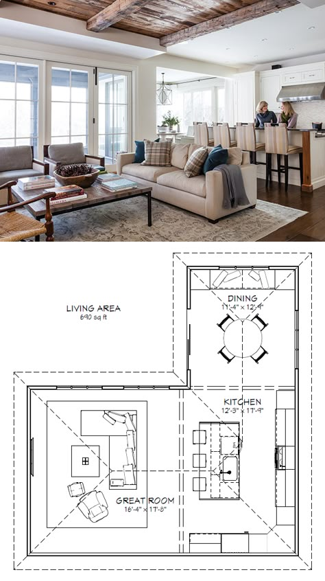 Dining Room Layout, Living Room Floor Plans, Kitchen Layout Plans, Kitchen Addition, Living Room And Kitchen, Kitchen Floor Plans, Farmhouse Windows, Study Area, Baby Planning