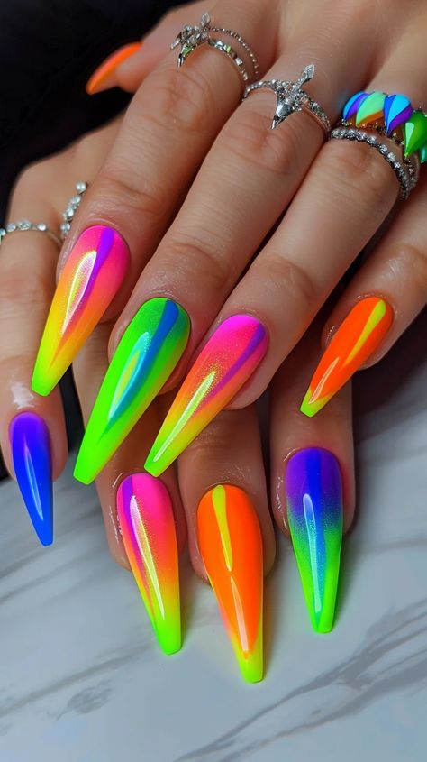 23 Neon Nail Designs To Elevate Your Manicure Game Crom Nails Design, Neon Rainbow Nails, Neon Nail Art Designs, Neon Nail Art, Neon Acrylic Nails, Nails Neon, Neon Nail Designs, Stylish Nails Designs, Colorful Nails