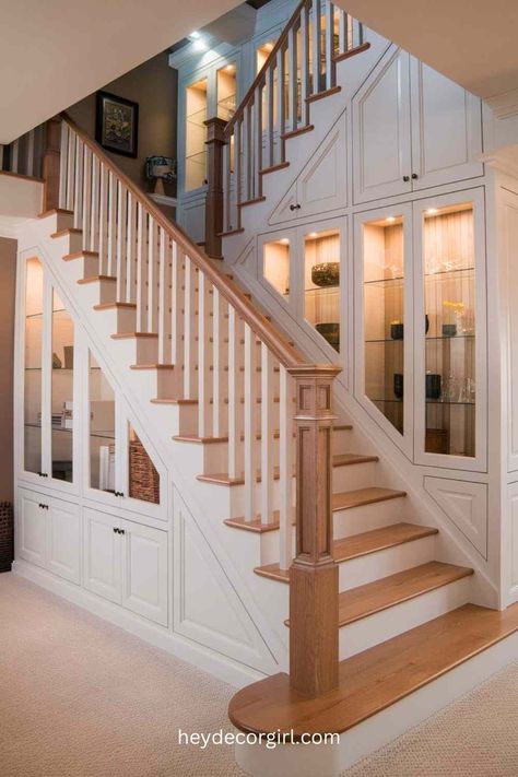 30 Staircase Design Ideas To Elevate Your Home - Hey Decor Girl [Latest Trending Decor Design Ideas] 3 Level Staircase, Main Staircase Design, Waynes Coating Stairway Staircases, Condo Staircase Ideas, Spiral Staircase Makeover, Wood Steps Indoor, Pretty Staircases, Wooden Bannister Ideas, Split Level Staircase Ideas