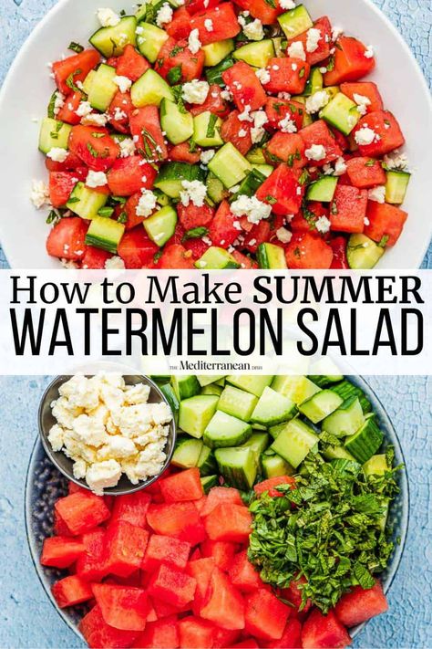 Watermelon salad with feta, cucumber, fresh mint, and honey-lime dressing. Watermelon feta salad is the perfect sweet and salty summer salad! Watermelon Cucumber Feta Salad, Watermelon Basil Salad, Cucumber Watermelon Salad, Feta Cucumber, Cucumber Feta Salad, Watermelon Salad Recipes, Feta Cheese Salad, The Mediterranean Dish, Salad With Feta