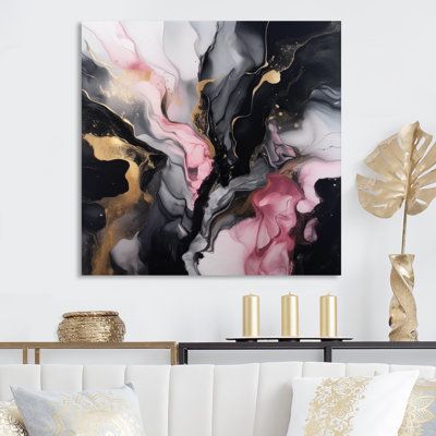 Bring Contemporary Abstraction to your home with this beautiful Metal Wall Décor. Available in several size, this "Black Gold Marble Splash II" Metal Artwork makes it the focal point of any room or office. | Mercer41 Black Gold Marble Splash II - Abstract Marble Metal Wall Decor black/gray/pink 16.0 x 16.0 x 1.0 in | Home Decor | C100181316_181166561 | Wayfair Canada Abstract Wall Art Living Room, Marble Wall Art, Marble Frame, Koi Art, Black And Gold Marble, Salon Ideas, Business Decor, Living Room Canvas, Marble Wall