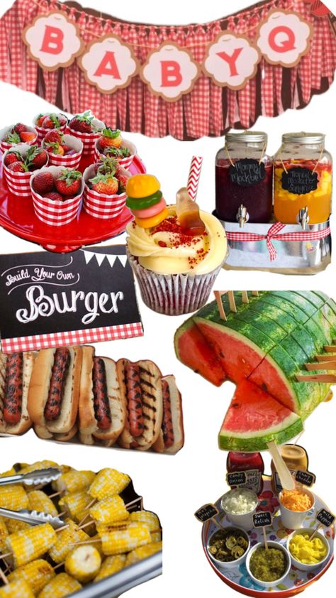 Barbecue Themed Party, Baby Q Dessert Table, Barbecue Baby Shower Food, Burger Baby Shower Ideas, Baby Q Shower Food Ideas, Babyque Shower Ideas Food, Baby Q Theme Baby Shower Ideas, Backyard Bbq Baby Shower Ideas, Baby-q Shower