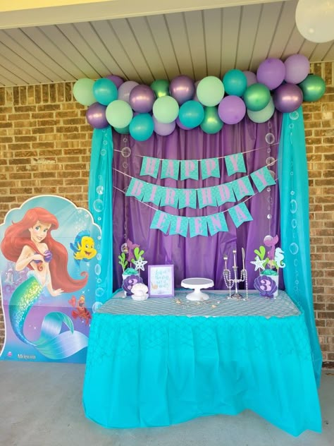 Ariel Birthday Party Backdrop, Arial Theme Birthday Decoration, Mermaid Birthday Party Backdrop Diy, Ariel Princess Birthday Party, Ariel Birthday Party Decorations Diy, Ariel The Little Mermaid Birthday Party, Ariel Birthday Party Decorations, Princess Ariel Birthday Party, Mermaid Sugar Cookies