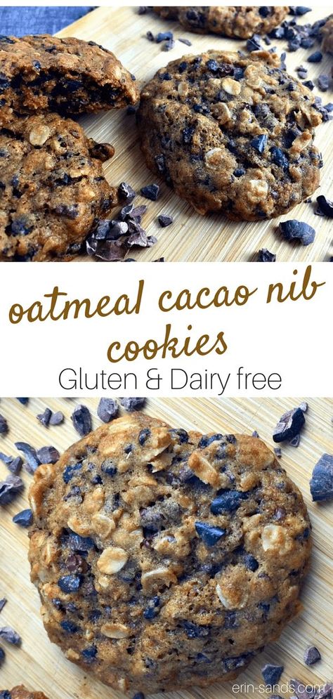 Oatmeal Cacao Nib Cookies Cocao Nib Cookies, Cacao Recipes Healthy, Cocoa Nibs Recipes, Cacao Nibs Recipes, Cacao Recipes, Gluten Free Cookie Recipes, Gluten Free Oatmeal, Best Gluten Free Recipes, Gluten Free Desserts Recipes