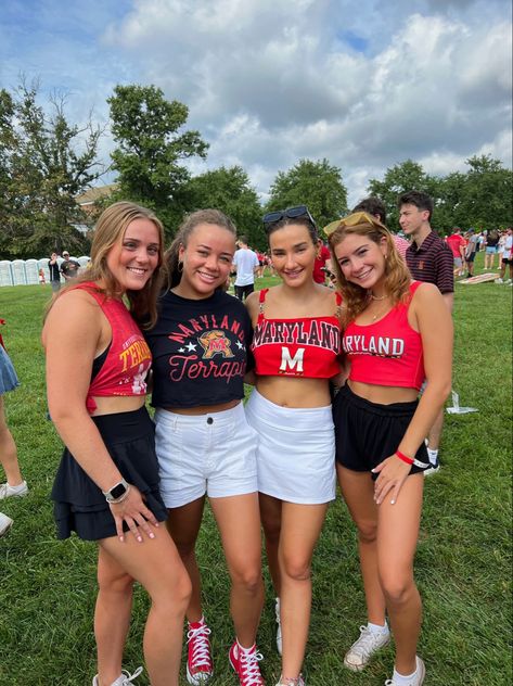 umd game day fit ideas | Savana Maryland University Aesthetic, Umd Game Day Outfit, University Of Maryland Aesthetic, Maryland Outfits, Outfits With Mini Skirts, Maryland University, College Tailgate Outfit, Gameday Fits, College Gameday Outfits