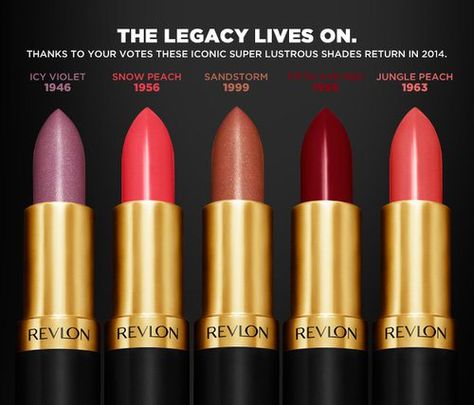 Revlon will be re-releasing discontinued lipstick shades dating all the way back to the 1940's in Spring 2014. Revlon Cosmetics, Revlon Lipstick, Revlon Super Lustrous Lipstick, Retro Makeup, Revlon Super Lustrous, Info Graphics, Lipstick Collection, Beauty Products Drugstore, Vintage Makeup