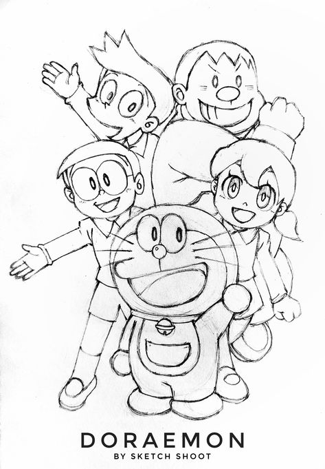 Drawing Doraemon, Nobita, Suzuka, Sunio, and Giyan Nobita Doraemon Drawing, Doraemon House Drawing, Drawing Of Doraemon, Drawing Doraemon, Doraemon Drawing, Doraemon Nobita, Stick Drawings, Doremon Cartoon, Sketching Ideas