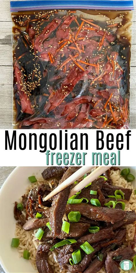 Mongolian Beef Skillet Freezer Meal - Freezer Meals 101 Dump Bag Recipes, Freezer Mongolian Beef, Dump Bags Slow Cooker Freezer Cooking, Bake From Frozen Meals, Beef Freezer Dump Meals, Freezer Meals With Rice, Make Ahead Beef Meals, Beef Freezer Crockpot Meals, Meal In A Bag Recipes