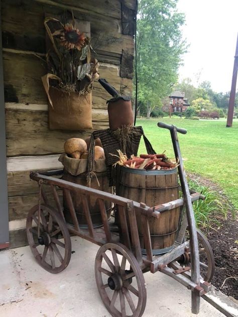 Butter Churn Decor Ideas, Wheelbarrow Decor, Wagon Decor, Western Centerpieces, Goat Cart, Wagon Ideas, Fall Displays, Antique Wagon, Primitive Fall Decor