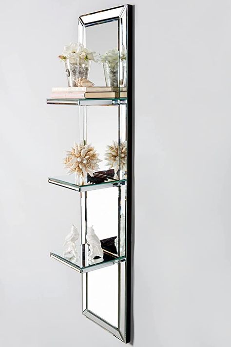 Contemporary Shelves, Mirrored Shelf, Glass Shelves In Bathroom, Mirror Furniture, Contemporary Shelving, Shelves Modern, Glass Wall Shelves, Classy Living Room, Wall Mirror With Shelf