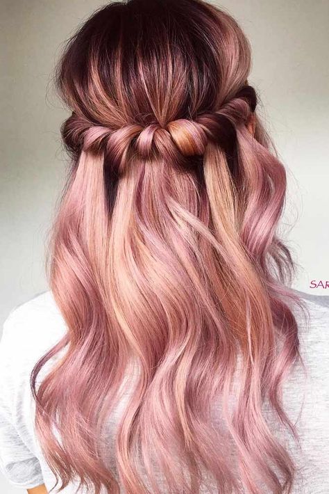 Rich Brunette Hair, Rose Gold Balayage, Rambut Brunette, Gold Hair Colors, Hair Color Rose Gold, Boho Wedding Hair, Hair Color Highlights, Rose Gold Hair, Gold Hair