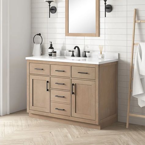 Ove Decors Bailey 48" Single Bathroom Vanity Set & Reviews | Wayfair White Oak Vanity Bathroom, Primary Bathroom Design, Work Bathroom, Bathroom Cabinet Ideas, Pantry Utility, Lake Condo, Wood Cabinet Doors, Cabinet Base, Quartz Vanity