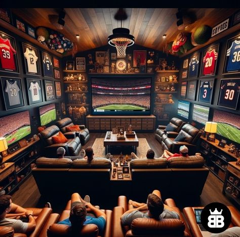 Cabin Game Room Ideas, Family Theater Room, Cool Game Room Ideas, Luxury Man Cave, Baseball Facility, Cabin Game Room, Sports Basement, Dream Man Cave, Theatre Room Ideas