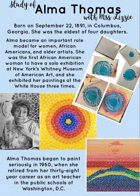 Alma Woodsey Thomas Art Lesson, Alma Thomas Art Projects For Kids, Alma Thomas, Art Education Lessons, Middle School Art Projects, 3rd Grade Art, Kids Art Class, Art Lessons For Kids, Art Curriculum