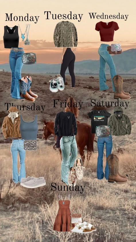 Whole week of outfits🃏♠️💸 Hey Dudes Outfit Women, Outfit With Hey Dudes, Western Jeans Outfit, Clothes Shuffles, Fits Of The Week, Country Girl Style Outfits, Country Outfits Women, Week Of Outfits, Country Jeans