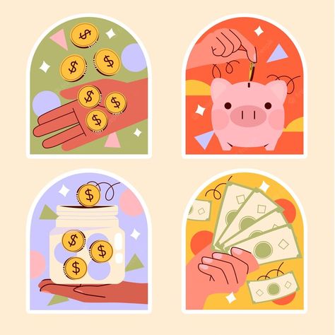 Free Vector | Naive money stickers collection Saving Money Illustration Art, Money Illustration Design, Money Illustration Graphics, Save Money Illustration, Money Illustration Art, Saving Money Illustration, Savings Illustration, Reward Illustration, Career Stickers