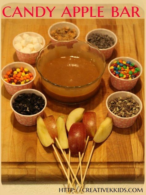 Candy Apple Bar, Candy Apple Bars, Apple Week, Apple Bar, Apple Bars, Birthday Party Snacks, Halloween Fest, Harvest Party, Taco Bar