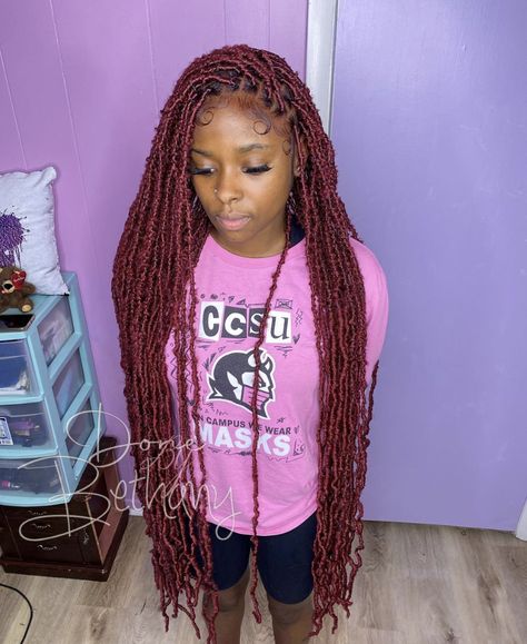 Maroon Faux Locs, Maroon Braids For Black Women, Maroon Locs, Burgundy Soft Locs, Birthday Briads, Black Girls Hairstyles Weave, Locs Styles, Cute Box Braids, Soft Locs