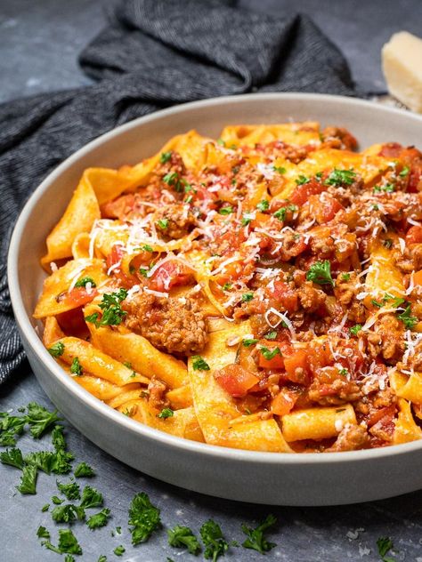 a plate of pork ragu pasta Ground Pork Ragu, Ground Pork Recipes Easy, Ragu Pappardelle, Pulled Pork Pasta, Pork Pasta, Lamb Ragu, Pork Ragu, Sauerkraut Soup, Ground Pork Recipes