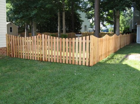 4 ft. Cedar Scalloped Picket | fence ideas | Pinterest stained to match the house -- start at front of house and run along both sides -- for privacy Double Gate Wood Fence, 4ft Wood Fence Ideas, 4 Ft Fence Ideas Yards, 4ft Fence Ideas, Scalloped Fence, Fencing Ideas Cheap, Picket Fence Ideas, Cedar Fence Ideas, Pergola Decor