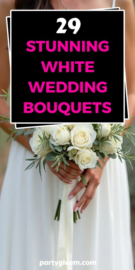 Discover 29 stunning white wedding bouquets for brides who want to make a lasting impression! From classic roses to modern arrangements featuring unique elements like olive branches, these floral designs are perfect for any wedding theme. Whether you're planning an elegant affair or a rustic celebration, these white bouquets will surely capture your heart and leave your guests in awe. Get inspired by these creative ideas and find the perfect bouquet that complements your romantic style. Bride Bouquets Olive Branch, Wedding Bouquet Pics, Spring Wedding Black And White, Simple Rose Bridal Bouquet, Best Wedding Bouquets, Bridal Bouquet February, Bride Bouquet White Elegant Simple, All White Rose Bridal Bouquet, Modern White Wedding Bouquet