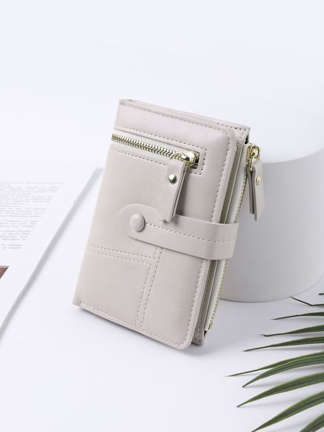 Light Grey Fashionable Collar  PU Leather Plain Small Wallet Embellished   Women Bags Minimalist Wallet Women, Cheap Compact White Wallets, Elegant White Wallets For Daily Use, Elegant Compact Wallets, Elegant White Compact Wallet, Dr Accessories, Stocking Suffers, Wallets For Girls, Trendy Purses