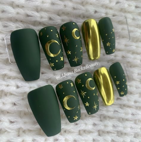 "Green and Gold Celestial Press On Nails  Model: Medium coffin Please read full description below. I offer quality handcrafted press on nails designed with quality gel polish. This set will give you a perfect manicure within a few minutes for a small portion of the salon cost.  Sets come with 10 nails (based on the size/shape selected), nail prep kit, and instructions. Reusable if removed correctly. 100% natural look if applied correctly. Nail Prep kit includes: - Nail glue - Nail tabs - Cuticle Emerald And Gold Almond Nails, Fall Celestial Nails, Green Gold Nail Art, Easy Green Nail Designs, Woodland Fairy Nails, Green Nails With Gold Design, Night Nails Design, Bookish Nails Book Lovers, Green And Burgundy Nails