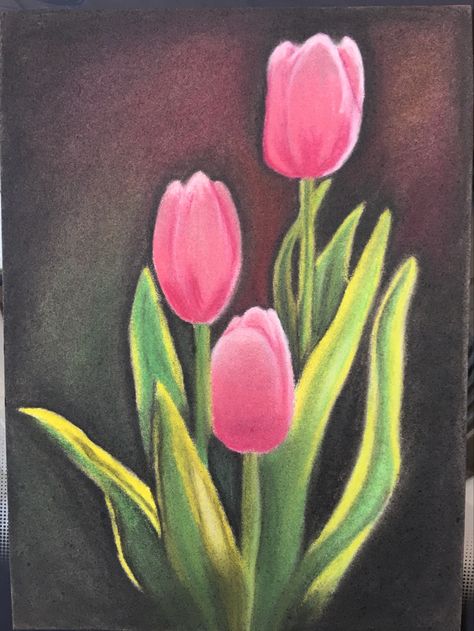 Tulips Oil Pastel, Dry Pastel Drawing, Cozy Drawings, Black Sketchbook, Dry Pastels, Tulip Drawing, Art Class Projects, Pink Drawing, Oil Pastel Colours