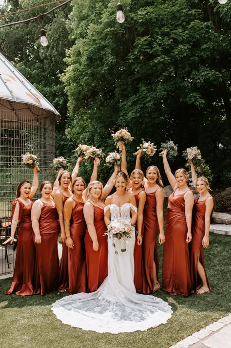 Rust Red Bridesmaid Dress, Fall Bridesmaid Dresses Terracotta, Davids Bridal Cinnamon Wedding Party, Orange And Red Bridesmaid Dresses, Paprika Bridesmaid Dresses Fall, Fall Satin Bridesmaid Dresses, Burnt Orange Bridesmaid Dresses Rustic, Terracotta Bridal Party, Rust Bridal Party