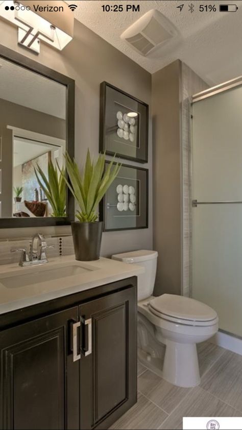 Guest Bathroom Ideas 2023, Bathroom Decor For Dark Brown Cabinets, Small Bathroom Dark Cabinets, Bathroom Espresso Cabinets, Bathroom Decor Ideas Brown Cabinets, Dark Brown Cabinet Bathroom, Brown And Grey Bathroom Ideas, Dark Brown Cabinets Bathroom, Dark Brown Bathroom Ideas