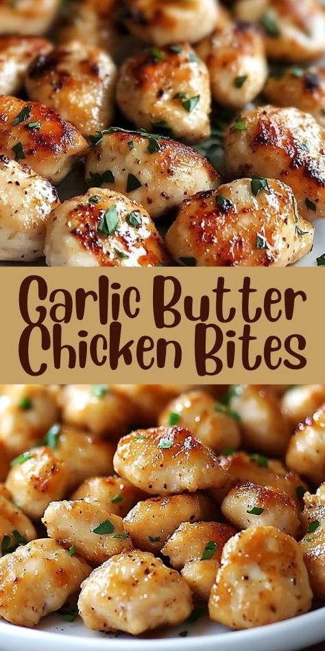 😋 Craving something savory and easy? Try these Garlic Butter Chicken Bites! Cooked in a delicious garlic-butter sauce, these bites are juicy, tender, and full of flavor. Ideal for weeknight dinners, this recipe comes together in no time. Perfect for anyone who loves garlic and butter! Serve over pasta, rice, or with a side of veggies for a complete meal. 🥘 #GarlicButterChicken #QuickDinners #WeeknightMeals #ChickenBites #EasyRecipes #FamilyFavorite #SavoryDishes #15MinuteDinner Quick Monday Dinner Ideas, Healthy Single Serve Dinner Ideas, Keto Chicken Dinner Recipes Easy, Yum Yum Chicken Recipe, Garlic Butter Chicken Bites Air Fryer, Lemon Garlic Butter Chicken Bites, Chicken Cutlets Sides, Chicken Bites And Rice, Chicken Thigh Bites Recipes