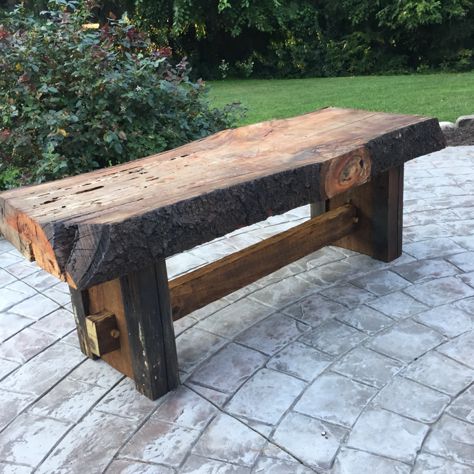 The bench I made from the live edge slab of Cherry that I salvaged from our yard waste drop off center. Furniture Diy Ideas, Rustic Style Furniture, Bed Dining, Rustic Furniture Design, Wood Bench Outdoor, Live Edge Bench, Rustic Log Furniture, Rustic Furniture Diy, Diy Outdoor Table