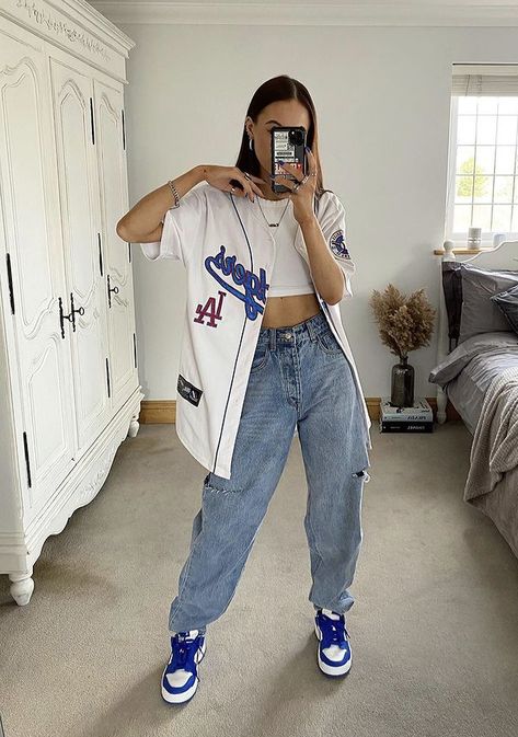 caitlinheathxo Outfit Ideas With Baseball Jersey, Fits With Baseball Jersey, Base Ball Jersey Outfit Women, Baseball Jerseys Women Outfits, Open Jersey Outfit Women, Baseball Shirt Outfit Aesthetic, Styling A Baseball Jersey, Women Baseball Jersey Outfit, Cute Outfits To Wear To A Baseball Game