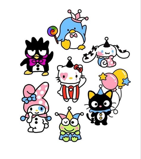 Hello Kitty Clown Tattoo, Every Sanrio Character, Clown Aesthetic Drawing, All Sanrio Characters Together, Sanrio Clown, How To Draw Sanrio Characters, Sanrio All Characters, Sanrio Characters Aesthetic, Keroppi Tattoo