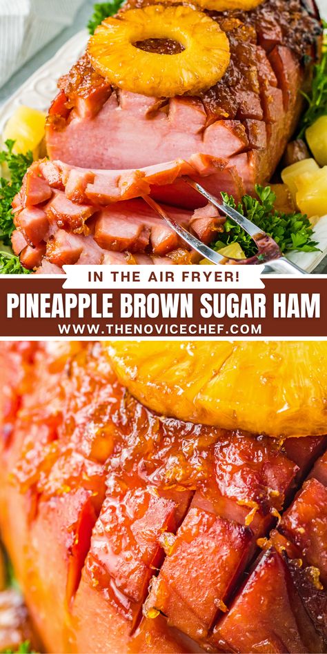 This super easy Air Fryer Ham is basted with a savory-sweet brown sugar and pineapple glaze. Great for the holidays, or anytime! Air Fryer Glazed Ham, Air Fryer Ham Recipes, Ham In Air Fryer Recipe, Turkey Air Fryer Recipes, Jerky Marinades, Slow Cooker Pineapple Ham, Boneless Ham Recipe, Thanksgiving Ham Recipes, Recipes With Cooked Ham