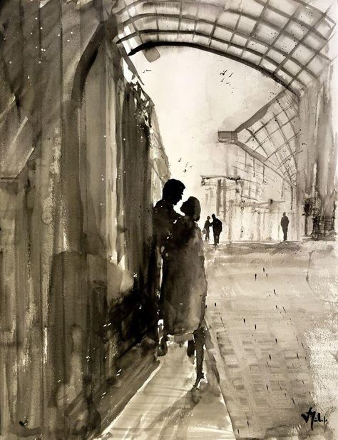 Goodbyes by Victor de Melo  https://www.artfinder.com/product/goodbyes #artoftheday #artwork #art #painting #watercolor #watercolour #coupleinlove #love #goodbyes #trainstation #artfinder Goodbye Painting, Art Painting Watercolor, Couple Painting, Couple In Love, Love Scenes, Painting Watercolor, Vintage Shop, Art Class, Art Classes