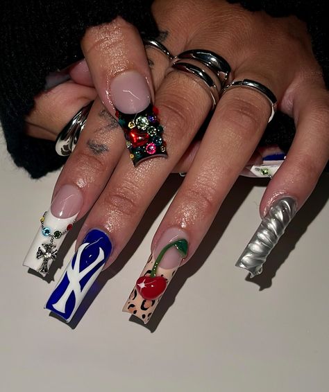 New York Acrylic Nails, Graffiti Valentines Nails, Old English Letter Nails, Medium Length Junk Nails, Yankee Nails Designs, 2000s Aesthetic Nails, New York Yankees Nails, Libra Acrylic Nails, Ny Nails Design