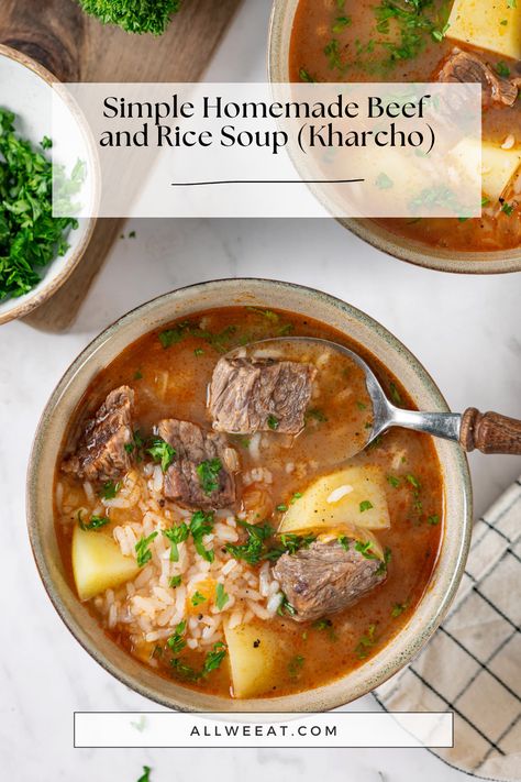 🍲 Hearty Beef and Rice Soup (Kharcho) 🥄 Warm up with this rich and flavorful Georgian classic! Tender beef, aromatic spices, and perfectly cooked rice come together in one comforting bowl. This easy, one-pot soup is perfect for meal prep or cozy family dinners. Ideal for cold days and packed with nutrients! 🥩🍚 #BeefSoup #Kharcho #ComfortFood #OnePotMeals #HeartySoup #FallRecipes #EasyDinner #HealthyEats Beef And Rice Soup, Easy Mongolian Beef, Beef Stir Fry Recipes, Georgian Food, Pilaf Recipes, Pot Beef Stew, Stroganoff Recipe, Cooked Rice, Beef Stir Fry