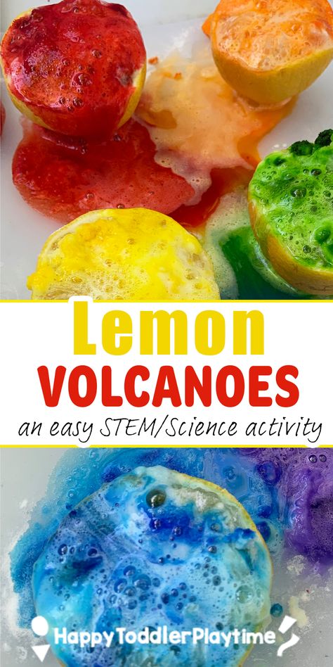 Fizzy Lemon Volcanoes - Happy Toddler Playtime Yellow Science Activities For Preschool, Science Crafts For Infants, Yellow Science Preschool, Summer Cognitive Activities For Toddlers, Lemon Volcano Experiment For Kids, Easy Preschool Stem Activities, Lemonade Activities For Toddlers, Lemon Volcano Experiment, Foods And Flavors Toddler Activities