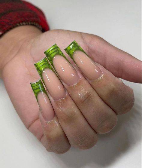 green croc french tip nails Green French Tip Nails, Green French Tip, Ten Nails, Green French, Colored Acrylic Nails, French Tip Acrylic Nails, Vibrant Nails, French Acrylic Nails, Fall Acrylic Nails