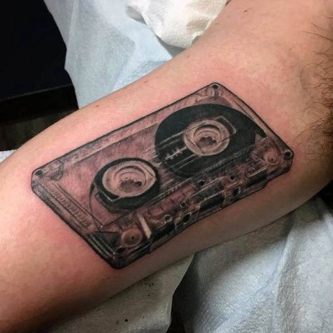 Gentleman With Realistic Cassette Tape Tattoo Design On Inner Arm Music Themed Tattoos, Cassette Tape Tattoo, Cassette Tattoo, Tape Tattoo, Minion Tattoo, Dj Tattoo, Hop Tattoo, Hip Hop Tattoo, Script Tattoos