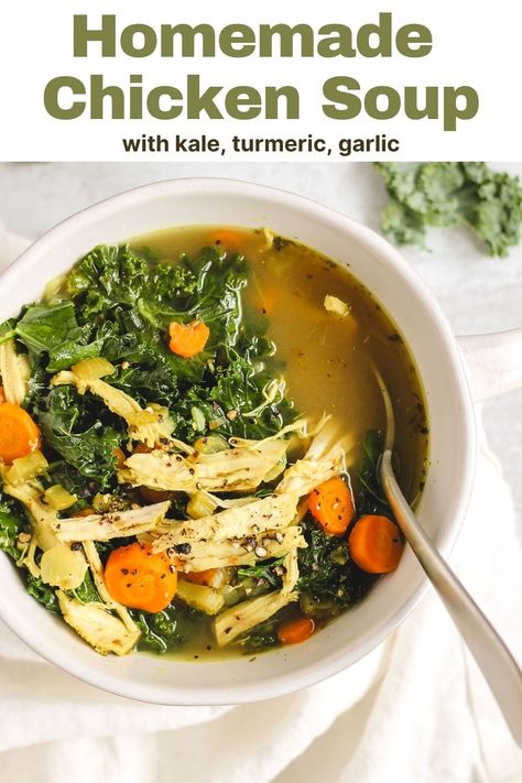 One-pot, healthy chicken soup with kale, garlic, and turmeric! Packed with flu and cold fighting nutrients, this is the perfect warm and cozy immune boosting soup. It's the only homemeade chicken soup recipe you will need. #cleaneatingchickensoup #easyhealthychickensoup #healthyimmuneboostingsoup Kale Soup Recipes Healthy Crockpot, Soup With Kale And Chicken, Chicken Kale Soup Recipes, Immune Boosting Dinner Recipes, Immunity Boosting Soup, Clean Eating Chicken Soup, Chicken Soup With Kale, Chicken And Kale Soup, Immune Boosting Soup